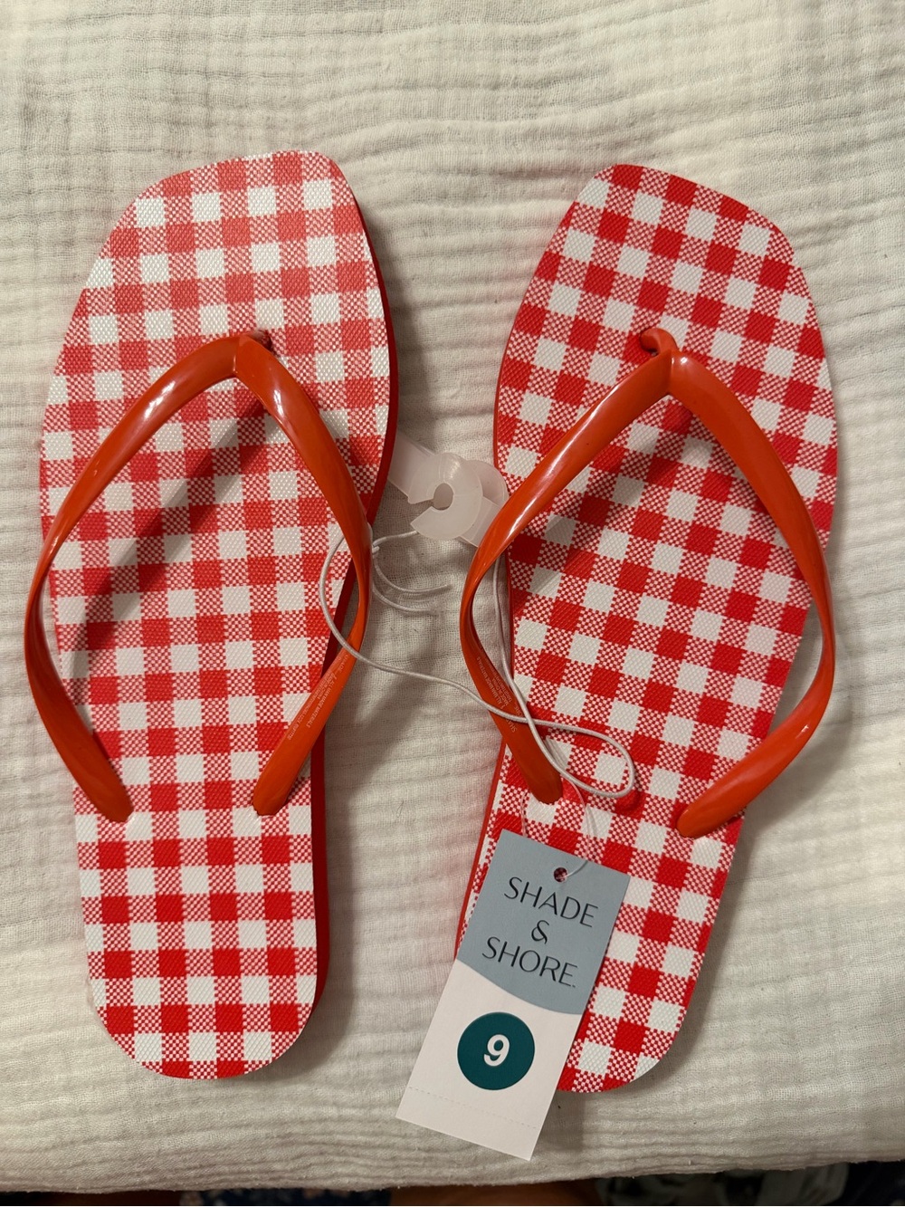 Shade & Shore Red Gingham Flip Flops with Orange Straps
